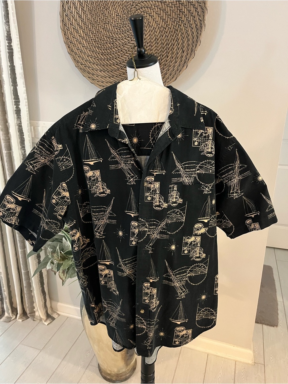 Puritan Black Nautical Print Short Sleeve Button-Down Shirt